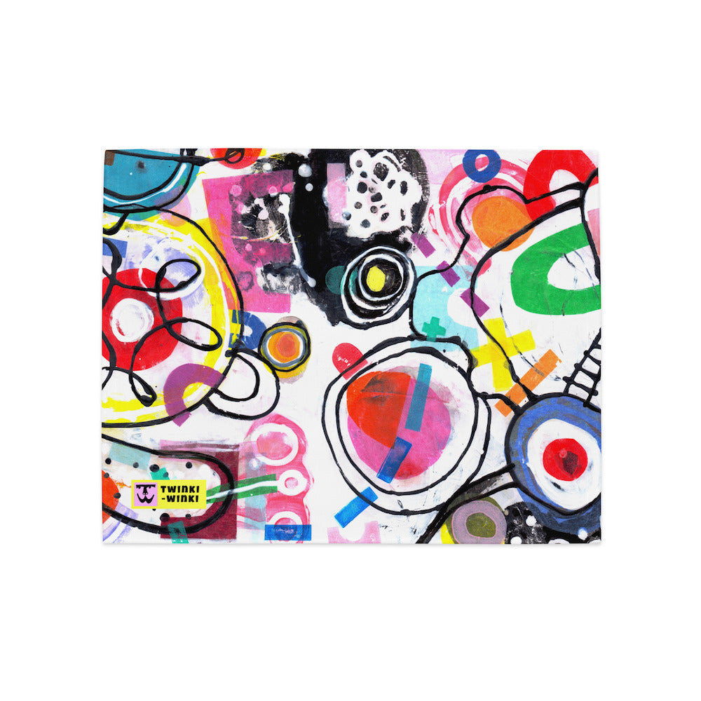 Arty graphic placemat with happy multicolor Treasure Map print in a vibrant, cheerful, and playful style, with folded corner. Design 3 of 4.