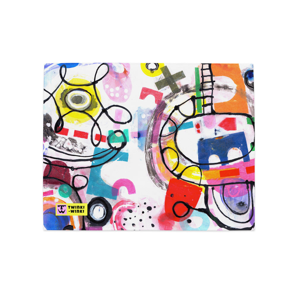 Arty graphic placemat with happy multicolor Treasure Map print in a vibrant, cheerful, and playful style, with folded corner. Design 4 of 4.
