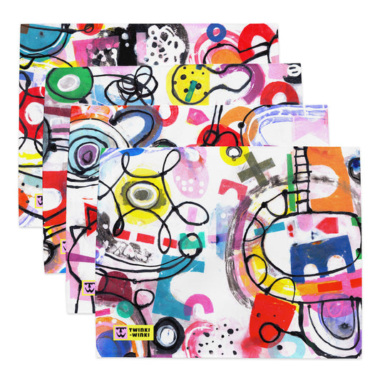 Arty graphic placemat set of four stacked together with happy multicolor Treasure Map print in a vibrant, cheerful, and playful style.
