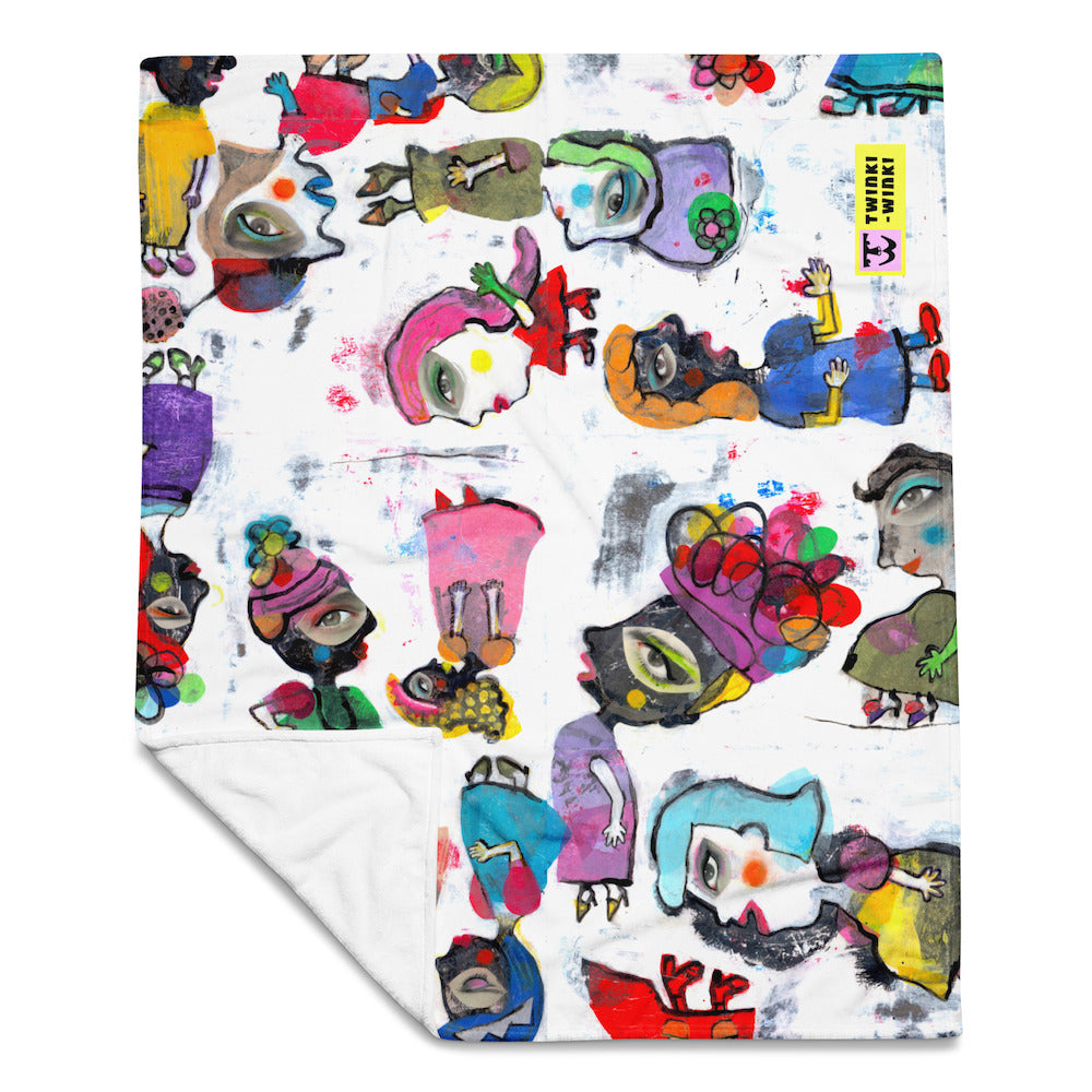 Stylish cozy graphic throw blanket with happy multicolor Fab Ladies print in a vibrant, cheerful, and playful style, with folded corner.