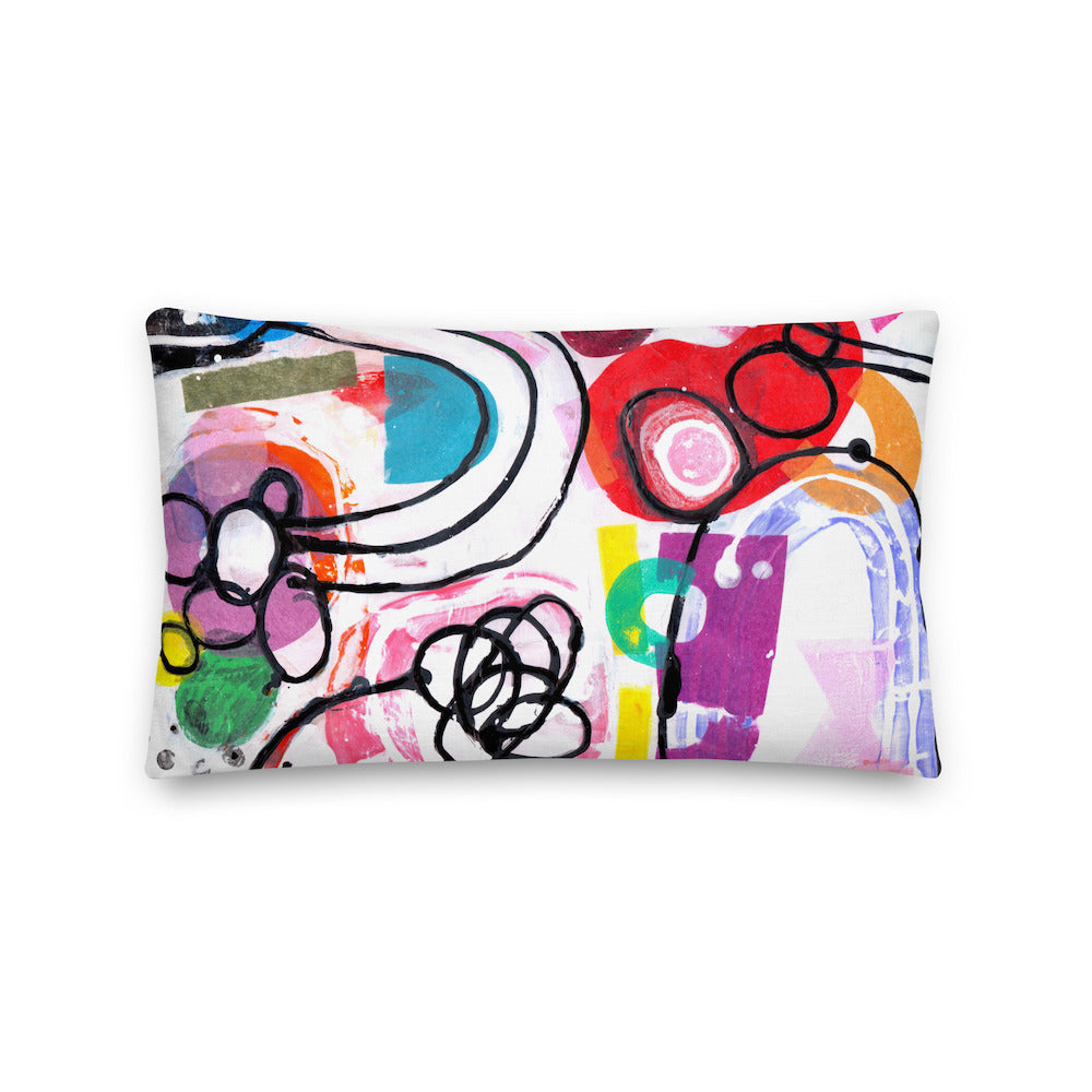 Vibrant, cheerful, and playful style accent pillow with a multicolor graphic Euphoria print on the front.