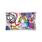 Vibrant, cheerful, and playful style accent pillow with a multicolor graphic Eureka print on the front.