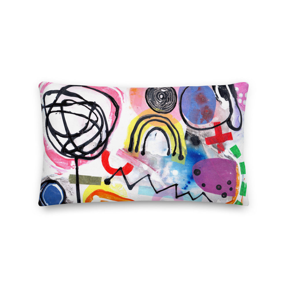 Vibrant, cheerful, and playful style accent pillow with a multicolor graphic Eureka print on the front.