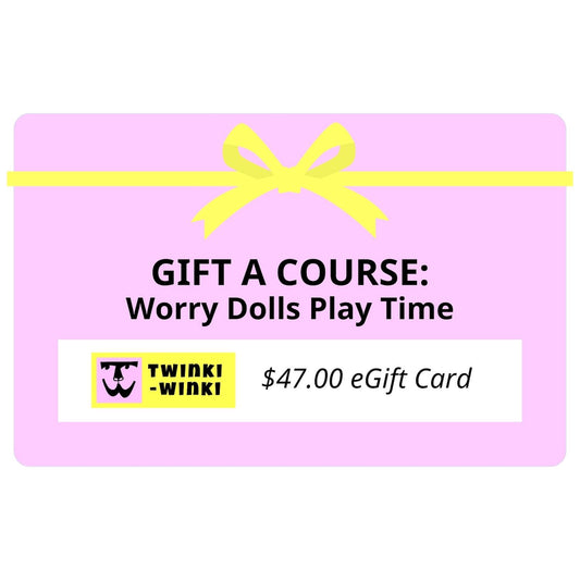 Pink digital gift card with yellow ribbon for the purchase of the online workshop Worry Dolls Play Time.