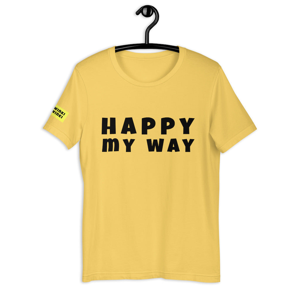 Cotton slogan tee in yellow color with slogan Happy My Way in black letters on front.