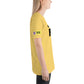Young woman right side wearing cotton slogan tee in yellow color with slogan Born To Be Fab in black letters on front.