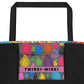 Inside pocket with multicolor Dripdrop print and black interior lining of graphic tote bag.