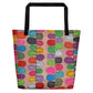 Big sturdy graphic tote bag with multicolor Flipflop print on reverse and black straps.