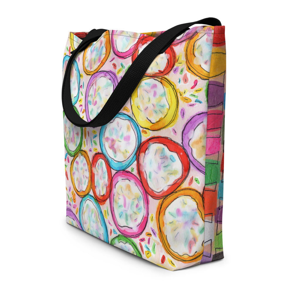 Big sturdy graphic tote bag with two multicolor prints in Frosted Cookies-Flipflop design and black straps.