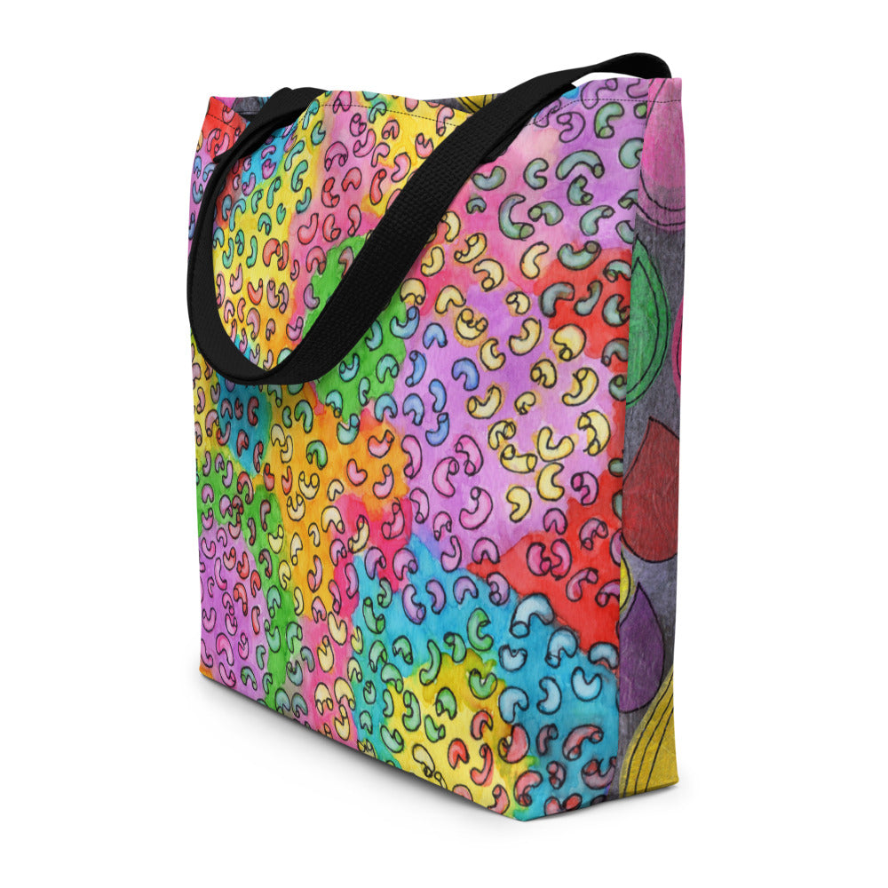 Big sturdy graphic tote bag with two multicolor prints in Macaroni-Dripdrop design and black straps.