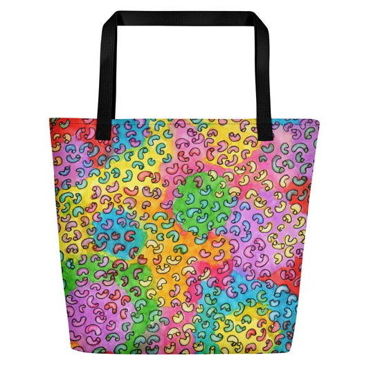 Big sturdy graphic tote bag with multicolor Macaroni print on front and black straps.