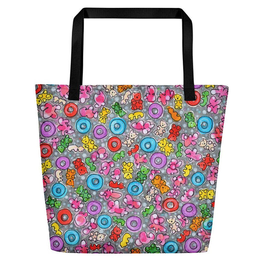 Big sturdy graphic tote bag with multicolor Popcornfroops print on front and black straps.