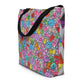 Big sturdy graphic tote bag with two multicolor prints in Popcornfroops-Zigzag design and black straps.