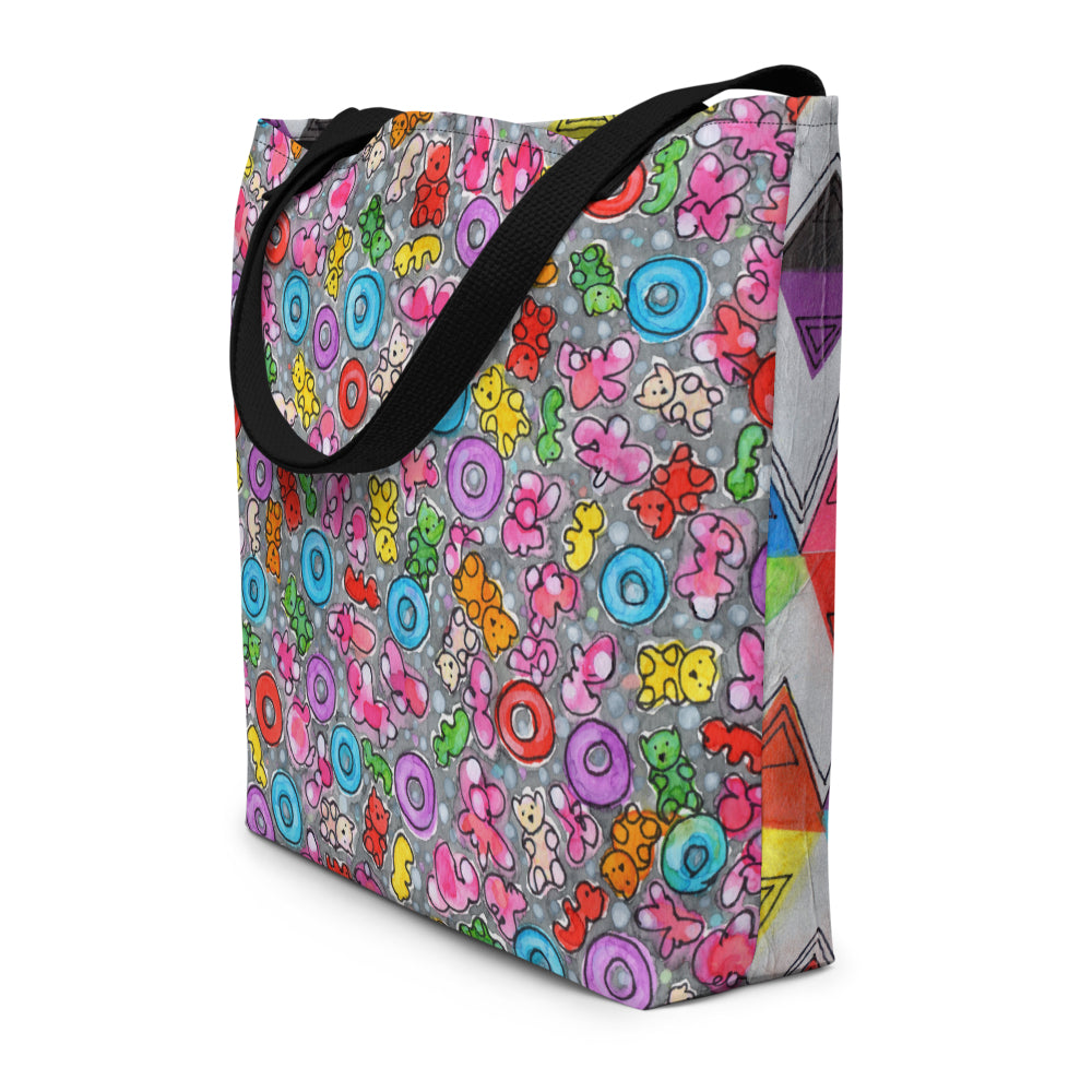 Big sturdy graphic tote bag with two multicolor prints in Popcornfroops-Zigzag design and black straps.