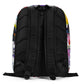 Graphic minimal design city style backpack with black soft mesh padded back and shoulder straps and colorful print on front.