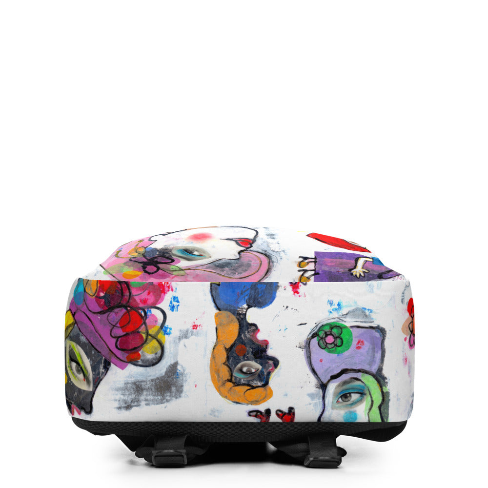 Graphic minimal design city style backpack with fun multicolor Fab Ladies print and black soft mesh padded back, bottom view.