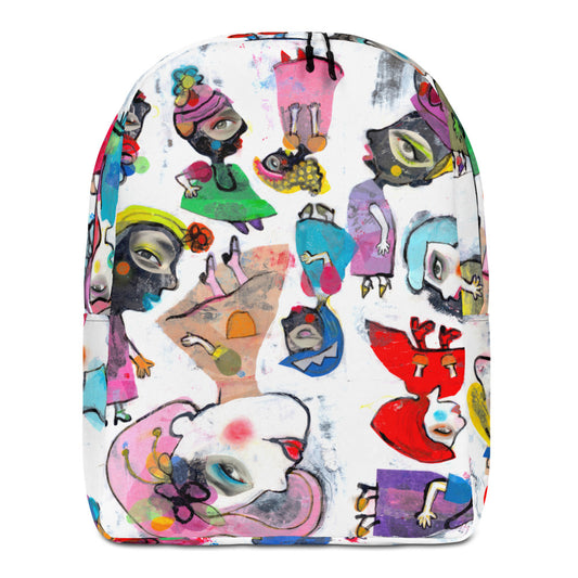 Graphic minimal design city style backpack with fun multicolor Fab Ladies print and black zipper pulls, front view.