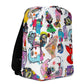 Graphic minimal design city style backpack with fun multicolor Fab Ladies print and black shoulder straps, left side view.
