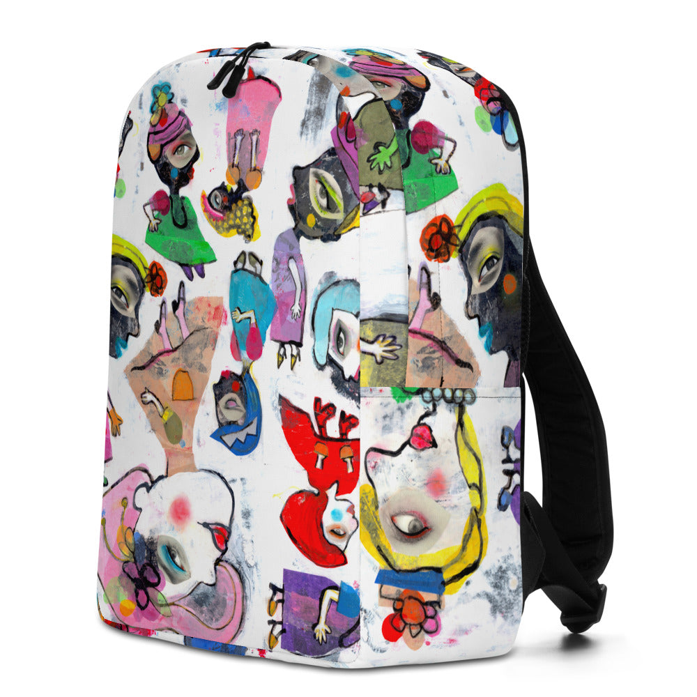 Graphic minimal design city style backpack with fun multicolor Fab Ladies print and black shoulder straps, right side view.