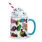 Graphic coffee mug with slogan Born To Be Fab and blue accent color on rim and handle with whipped cream right view.