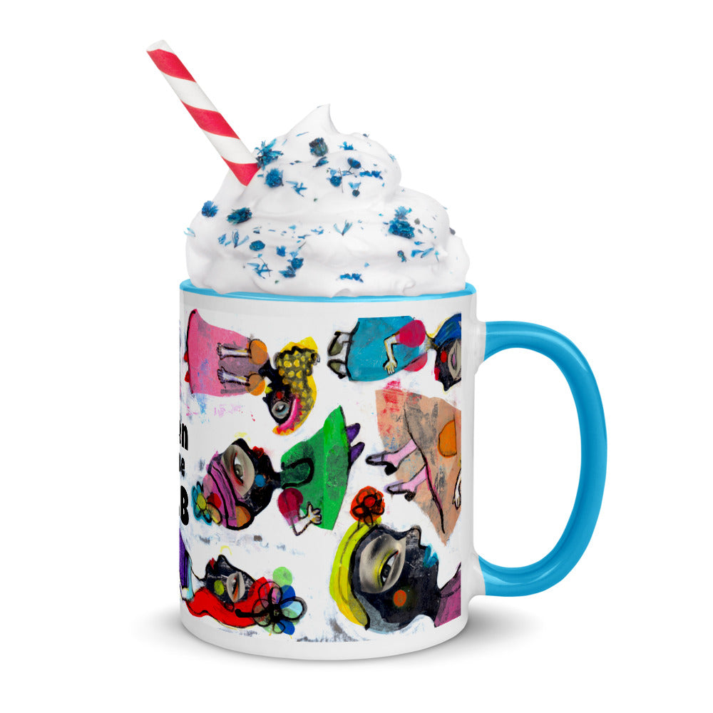 Graphic coffee mug with slogan Born To Be Fab and blue accent color on rim and handle with whipped cream right view.