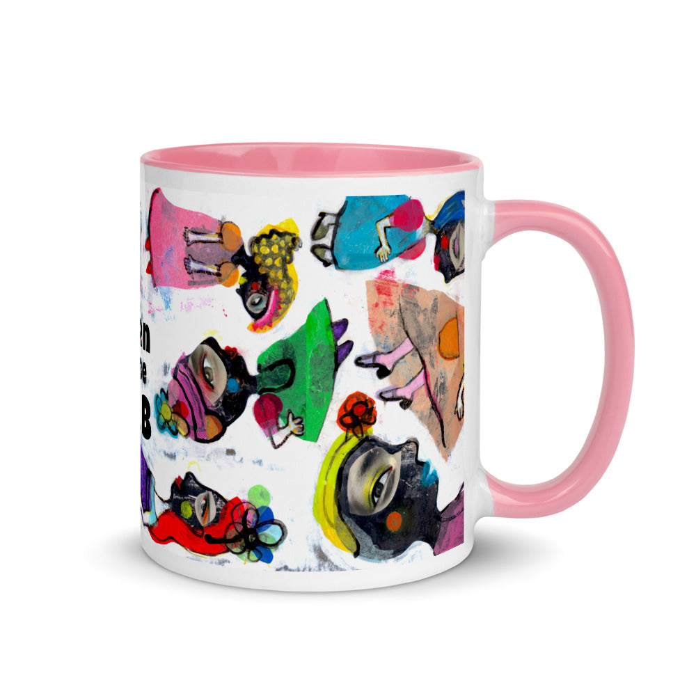 Graphic ccoffee mug with slogan Born To Be Fab and pink accent color on rim, handle and interior. Colorful Fab Ladies design, right handle view.