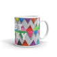 Colorful ceramic coffee mug with quirky slogan Just Ducky in white letters on Zigzag design, right handle view of 11 ounce mug size.