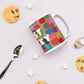 Colorful ceramic coffee mug with quirky slogan Just Ducky in white letters on Flipflop design with cookies right view.