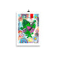Colorful happy fine art print of a green monster smiling on vibrant background hanging on wall from a binder clip.