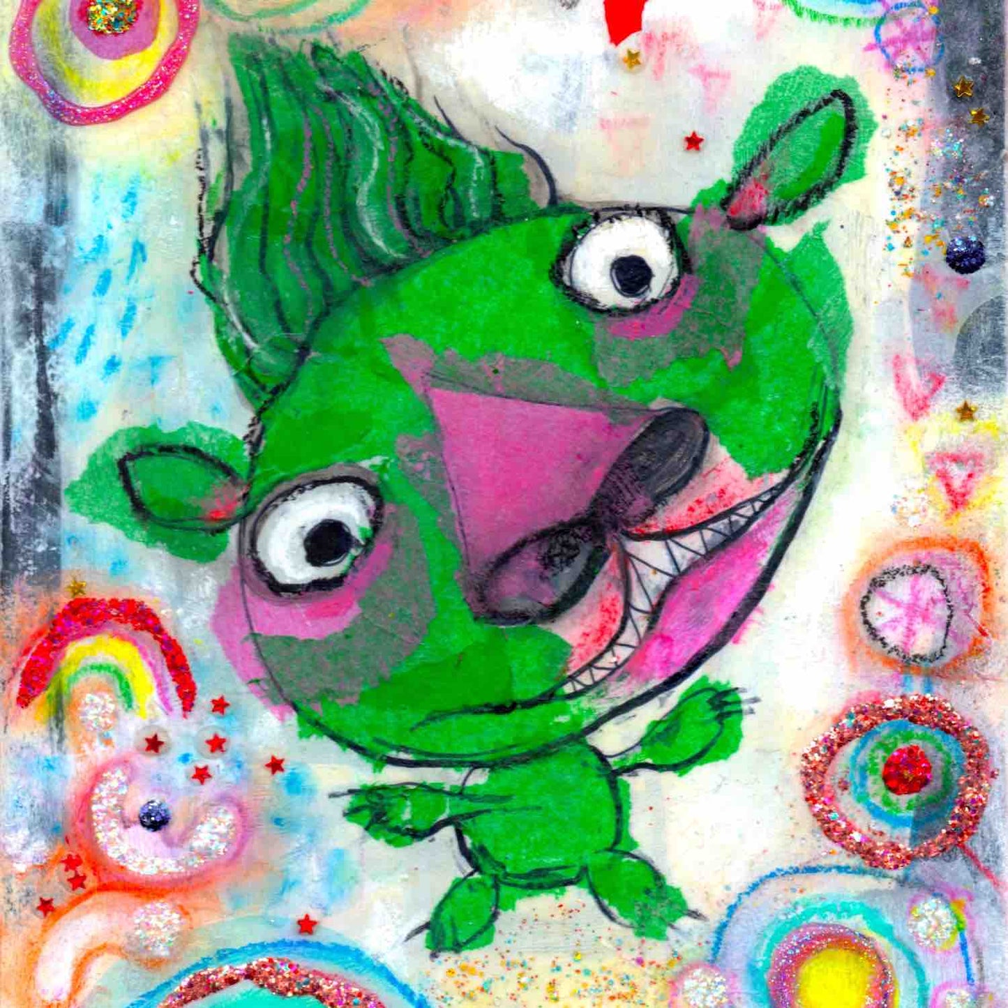 Detail of colorful happy fine art print of a green monster smiling on vibrant background. Art poster by Alex Mitchell.