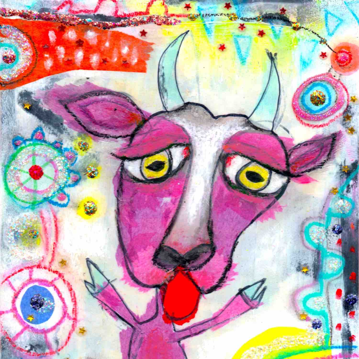 Detail of colorful happy fine art print of a purple goat sticking out tongue on vibrant background. Art poster by Alex Mitchell.