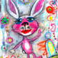 Detail of colorful happy fine art print of a pink rabbit waving hello on vibrant background. Art poster by Alex Mitchell.