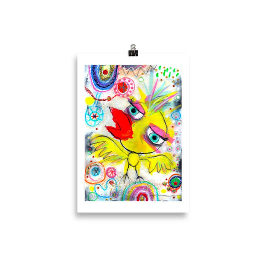 Colorful happy fine art print of a yellow bird singing on vibrant background hanging on wall from a binder clip.