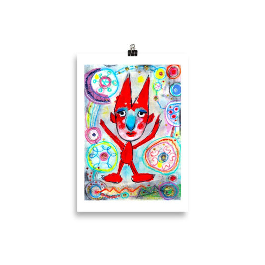 Colorful happy fine art print of a red devil pointing on vibrant background hanging on wall from a binder clip.