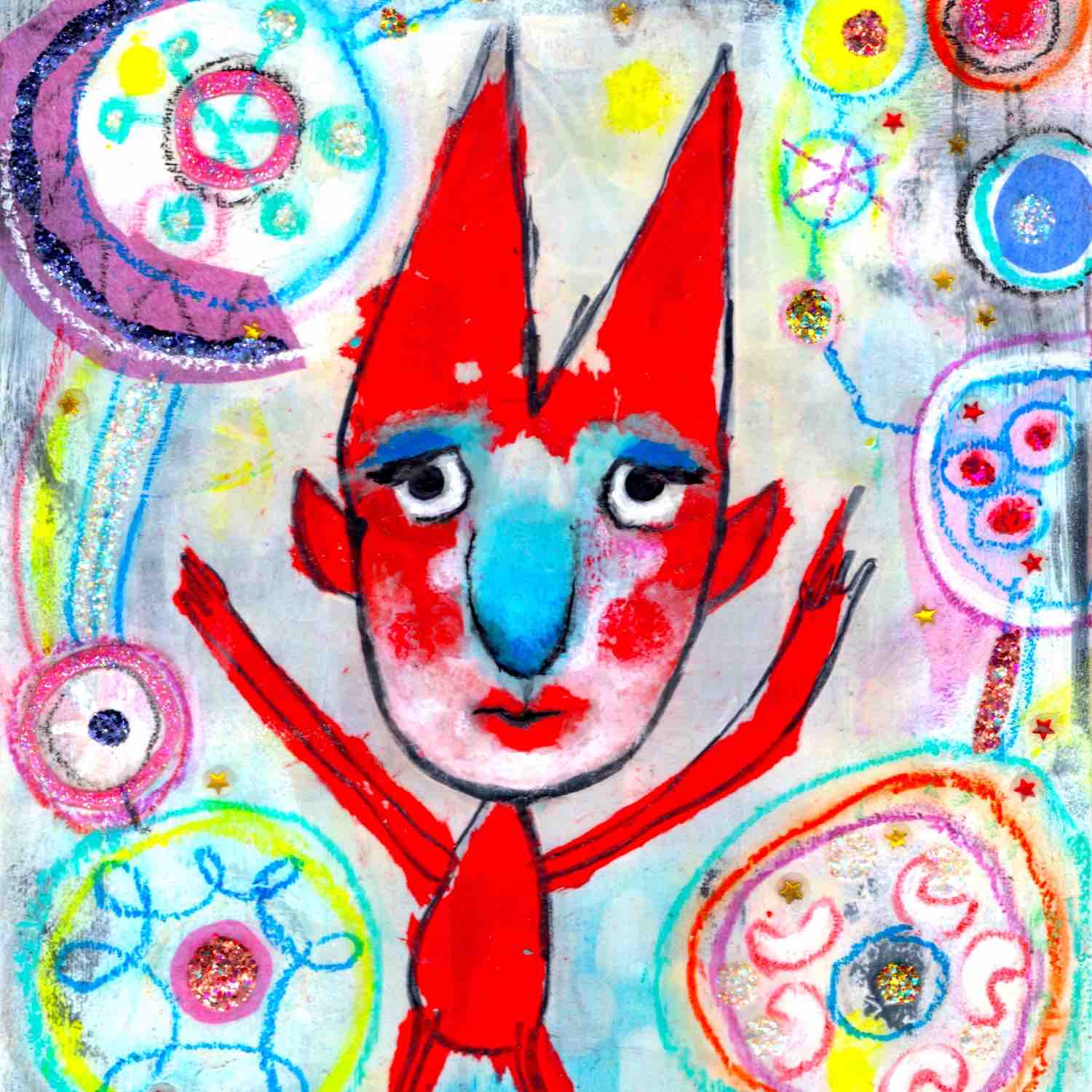 Detail of colorful happy fine art print of a red devil pointing on vibrant background. Art poster by Alex Mitchell.