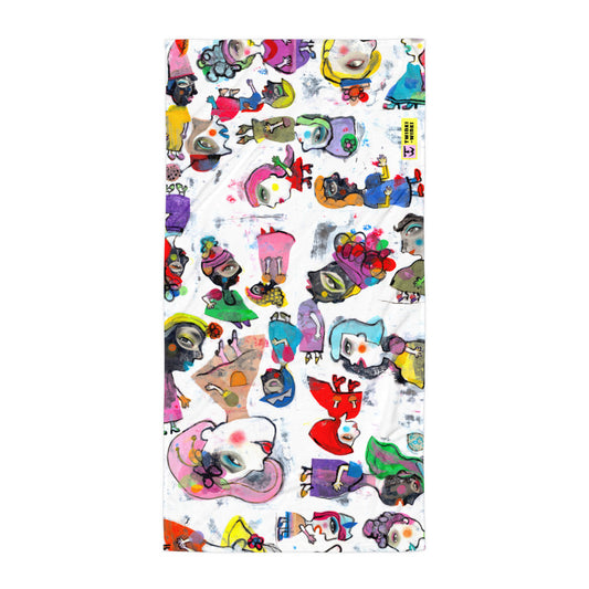 Stylish soft chic beach towel with bold multicolor Fab Ladies print in a vibrant, cheerful, and playful style.