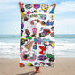 Stylish chic beach towel with bold multicolor Fab Ladies print in a cheerful and playful style. Shown vertically and held by model.