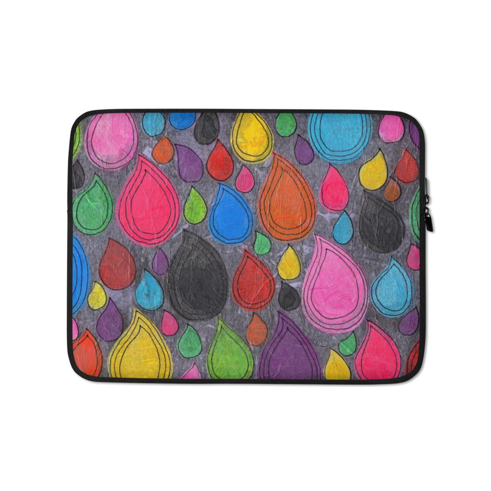 Sturdy graphic laptop case with playful multicolor print in Dripdrop design and black zipper binding, 13 inch size.