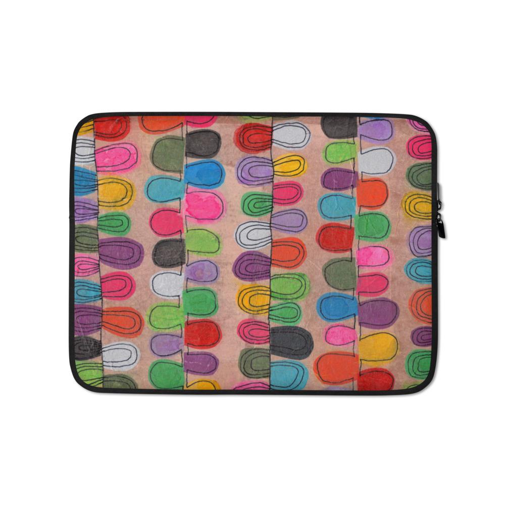 Sturdy graphic laptop case with playful multicolor print in Flipflop design and black zipper binding, 13 inch size.
