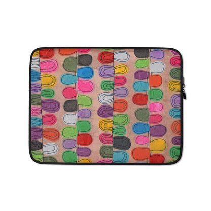 Sturdy graphic laptop case with playful multicolor print in Flipflop design and black zipper binding, 13 inch size.