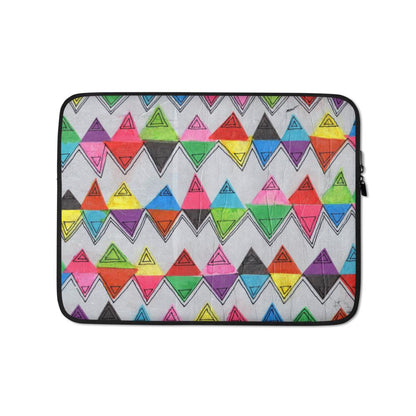 Sturdy graphic laptop case with playful multicolor print in Zigzag design and black zipper binding, 13 inch size.