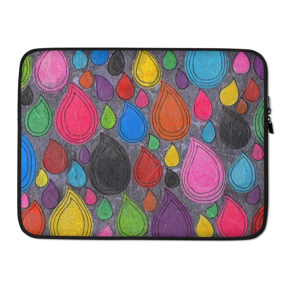 Sturdy graphic laptop case with playful multicolor print in Dripdrop design and black zipper binding, 15 inch size.