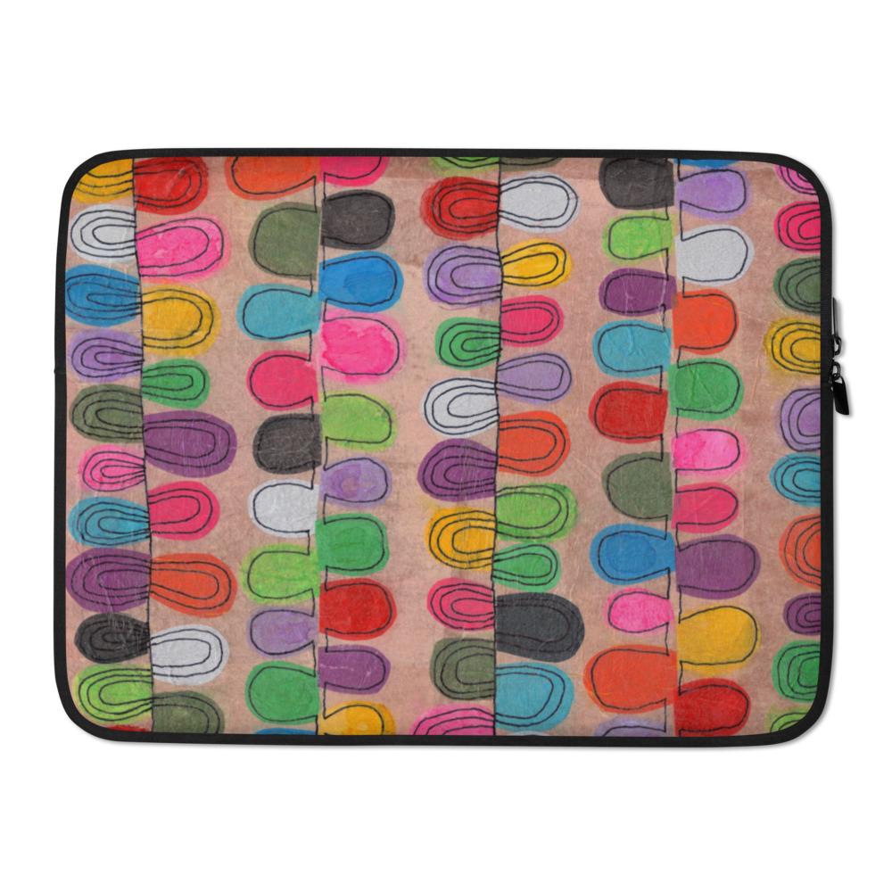 Sturdy graphic laptop case with playful multicolor print in Flipflop design and black zipper binding, 15 inch size.