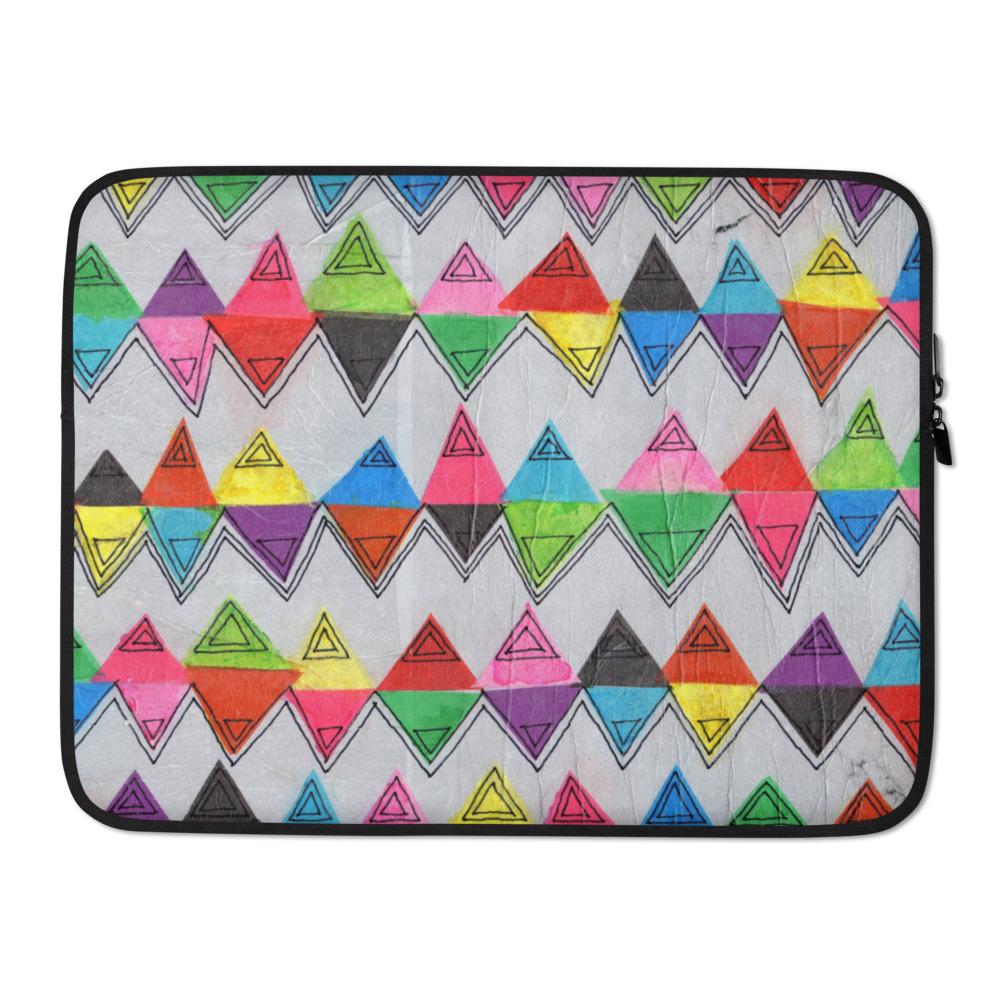 Sturdy graphic laptop case with playful multicolor print in Zigzag design and black zipper binding, 15 inch size.