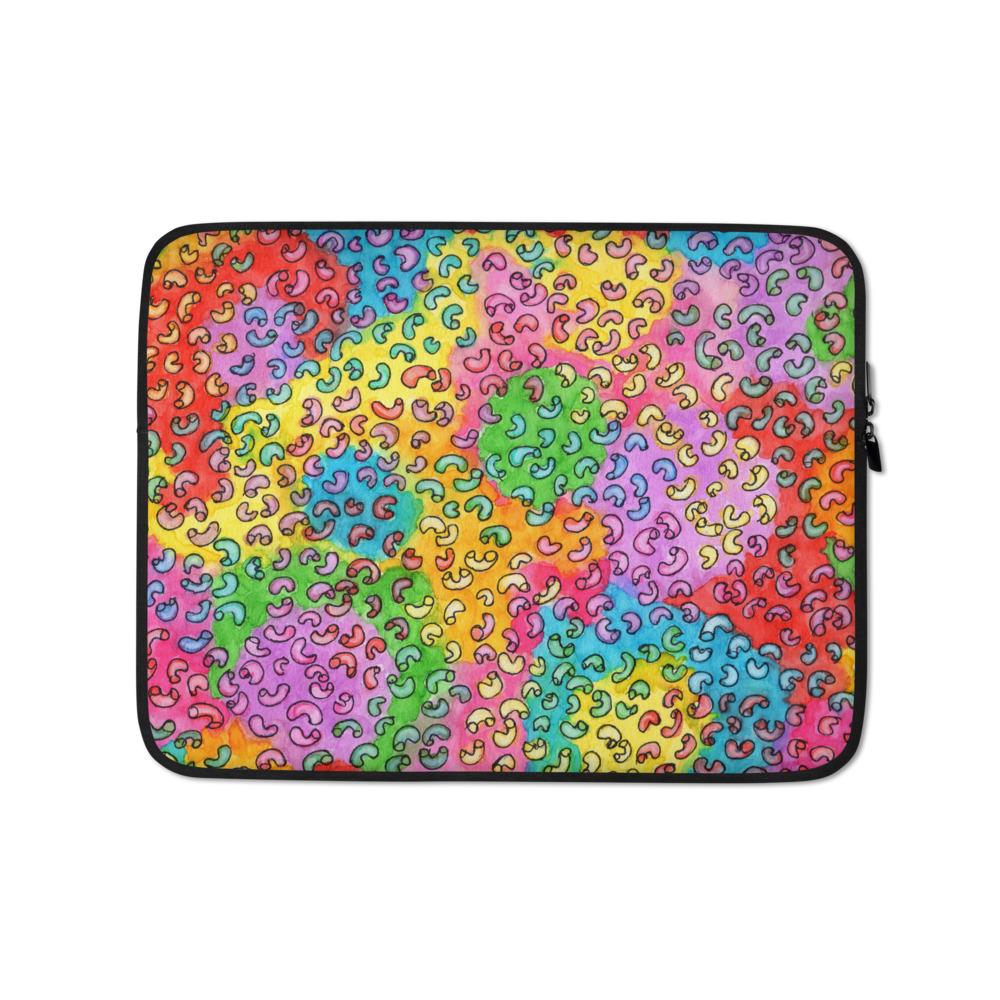 Sturdy graphic laptop case with rainbow-inspired multicolor print in Macaroni design and black zipper binding, 13 inch size.