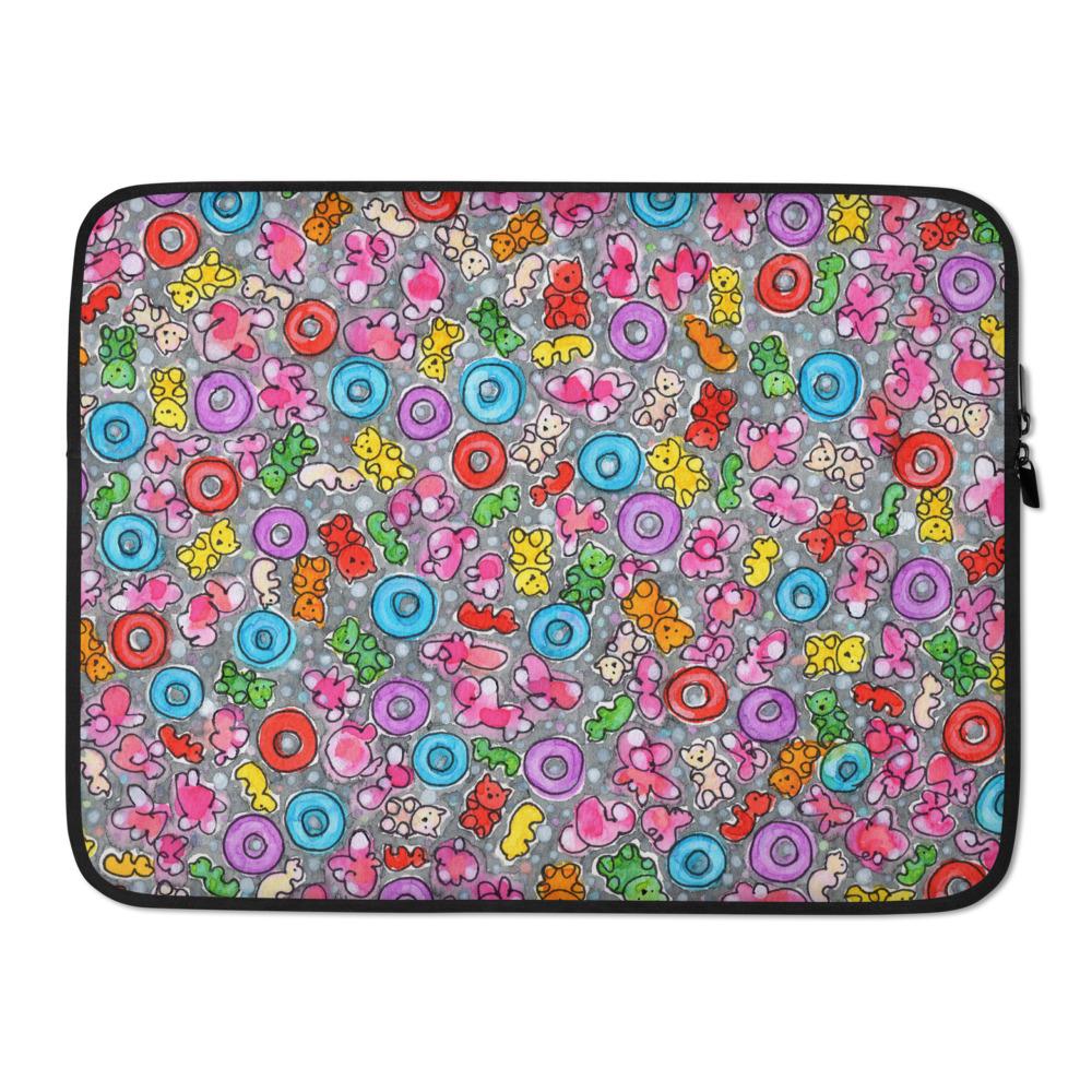 Sturdy graphic laptop case with rainbow-inspired multicolor print in Popcornfroops design and black zipper binding, 15 inch size.