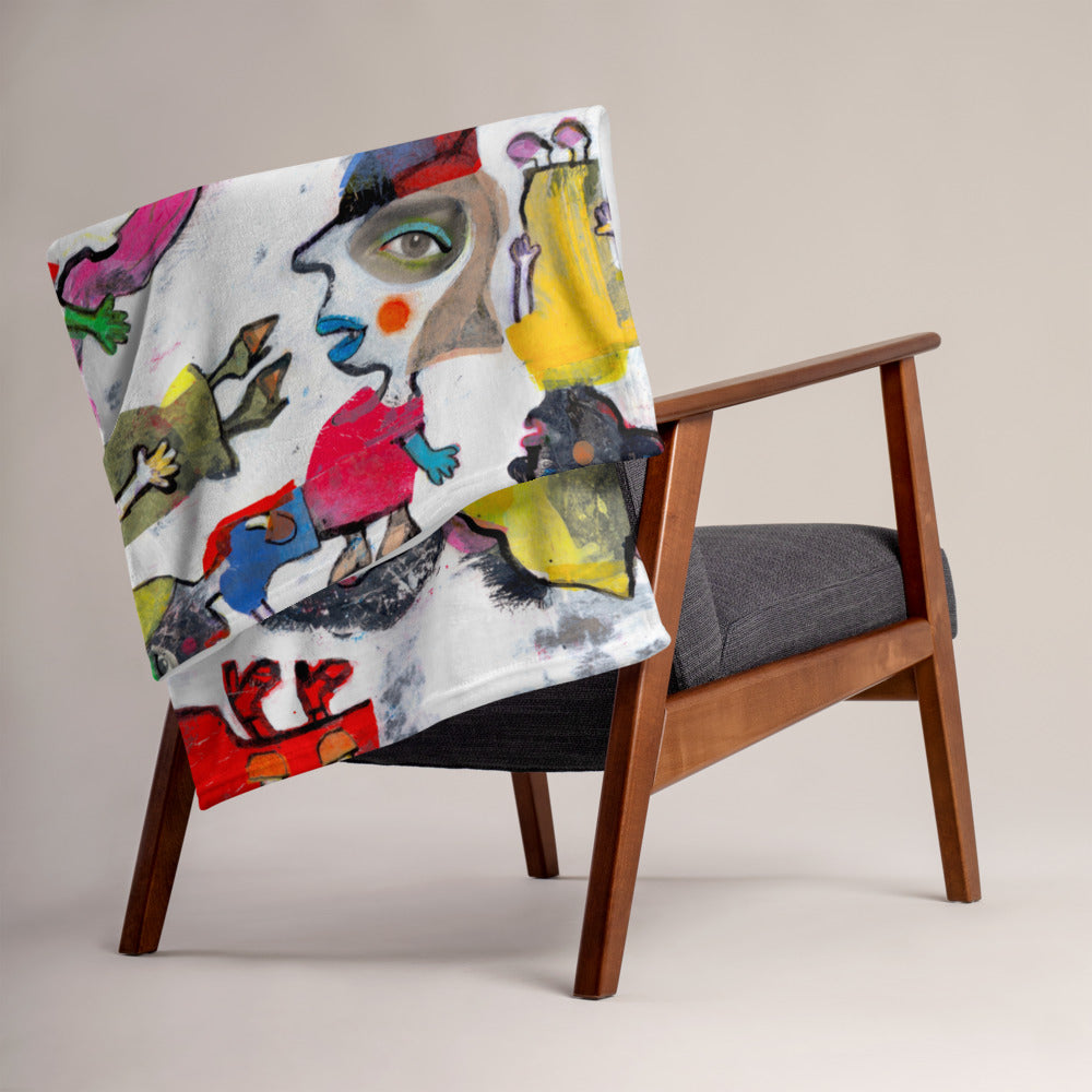 Stylish cozy throw blanket with happy multicolor Fab Ladies print in a playful style folded and hanging over the back of armchair.
