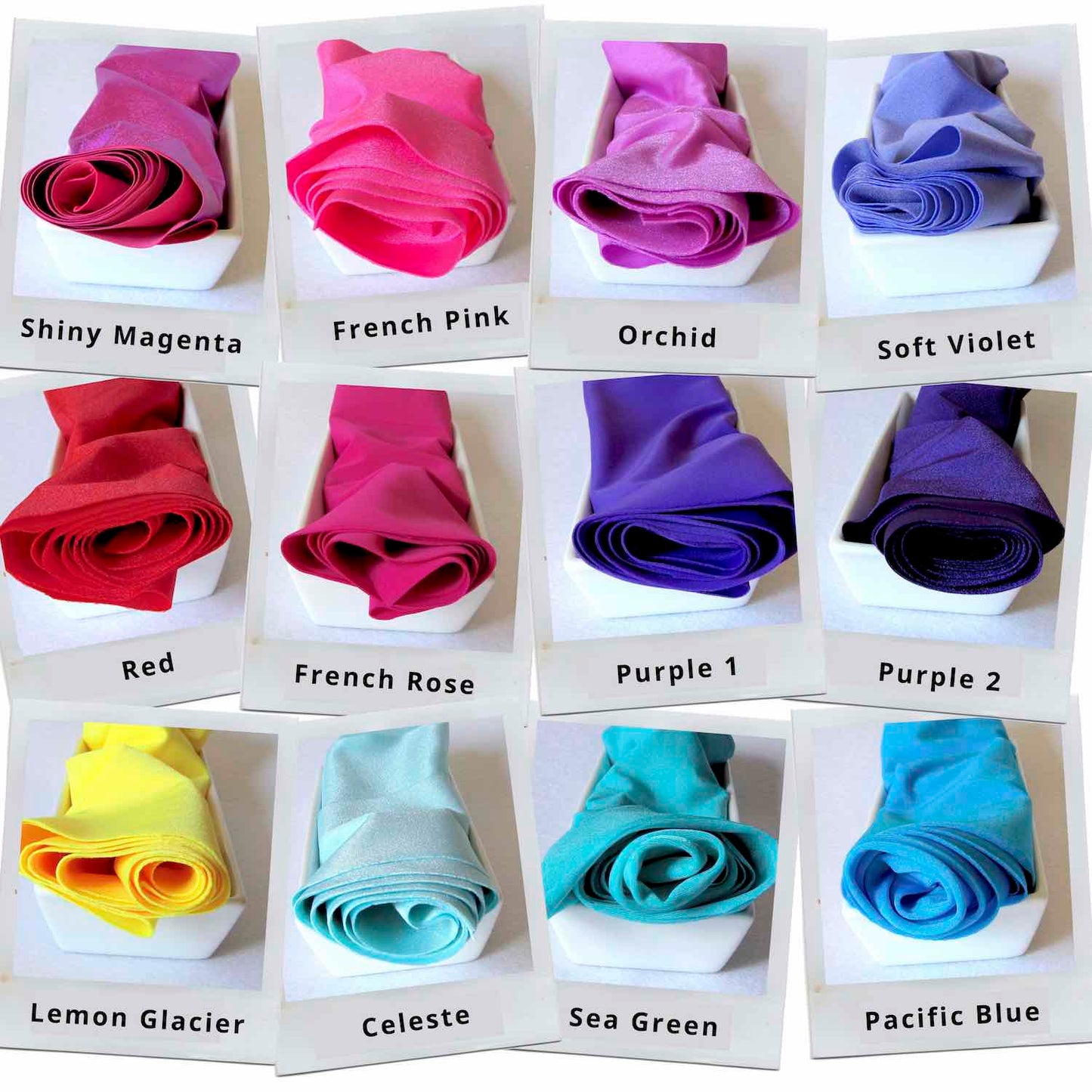 Fabric selection for soft and stylish limited edition Posh Me Fab boa scarves. Showing fabric colors of version Pixie Power.
