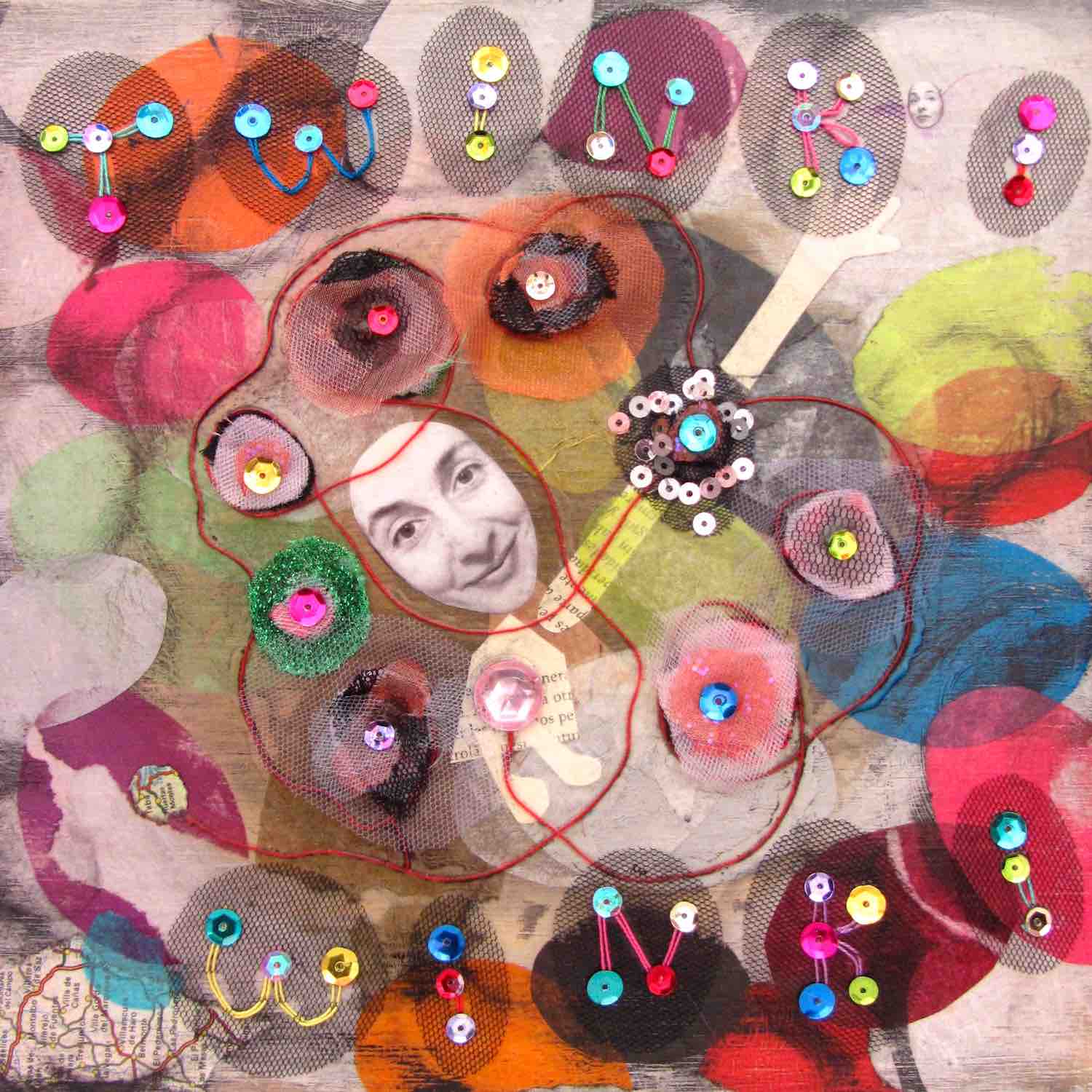 Detail of fine art print poster Be You. Alex Mitchell’s happy face is surrounded by colorful shapes and textures.