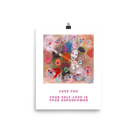 Fine art print Love You hanging with a binder clip. Alex Mitchell’s happy face surrounded by colorful shapes and textures.